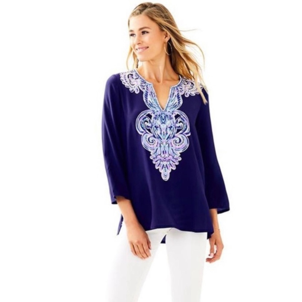 Lilly Pulitzer Womens Renato Dinner Tunic Size XS Silk 3/4 Sleeve Pineapple NWT